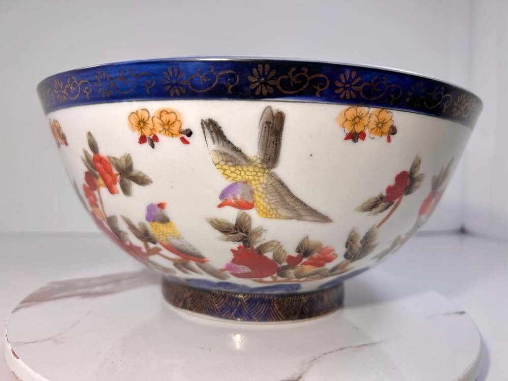 Vintage Chinese Decorative Ornate Large Bowl birds floral gold